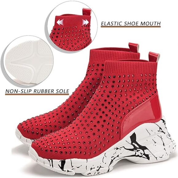 Platform Boots Wedge Sneakers Studded Rhinestone Ankle Boots Chunky Red Size 10 - Picture 4 of 7